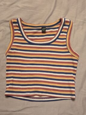 SHEIN Ribbed Cropped Tank Top in Mustard, Navy & White Stripe